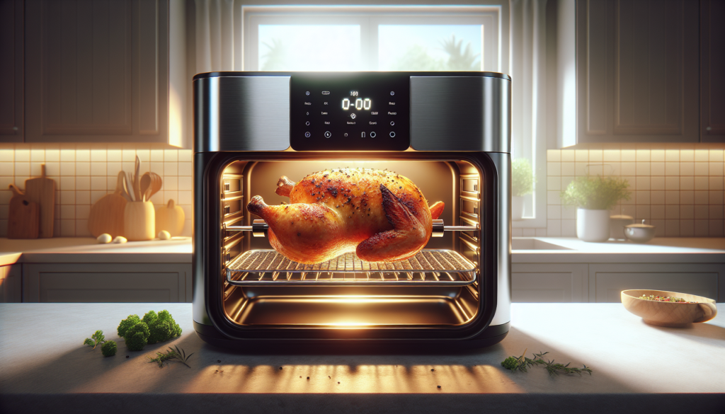 frango inteiro assado girando em espeto rotisserie dentro de air fryer oven