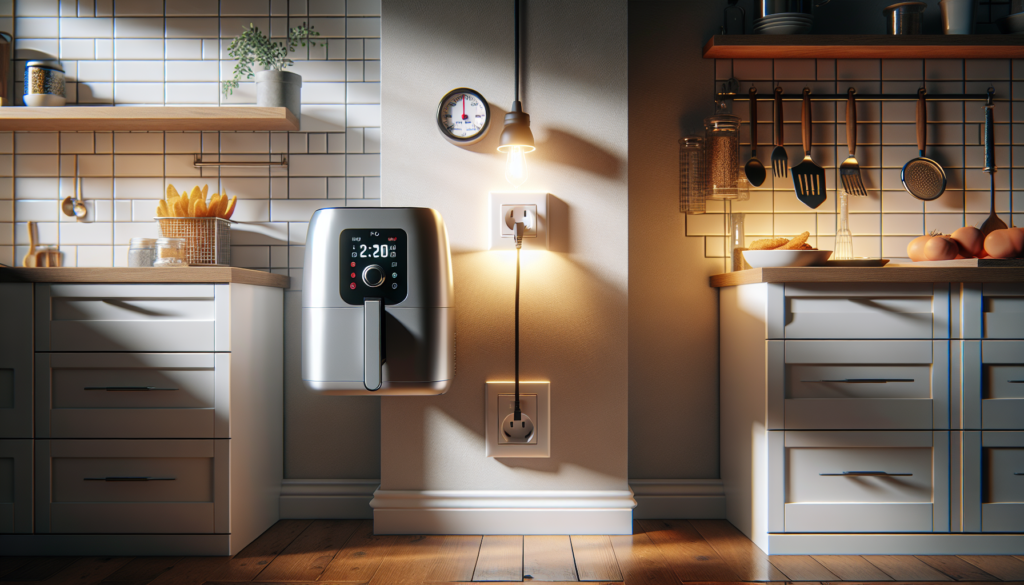 air fryer plugada na tomada com medidor de energia ao fundo em cozinha moderna