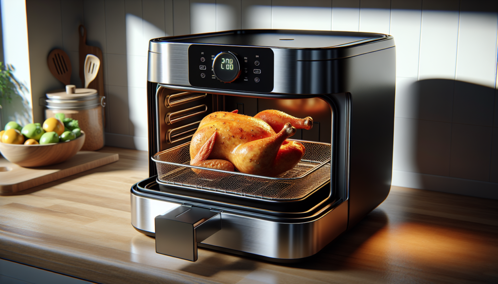 frango assado dourado dentro de air fryer oven com porta de vidro em bancada de cozinha