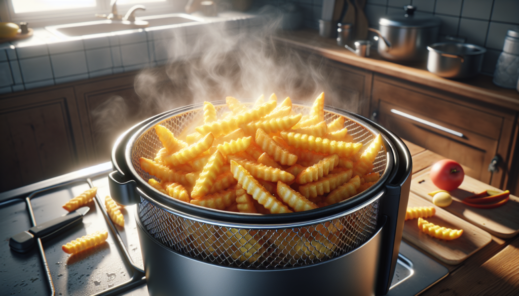 batata frita crocante dourada dentro da cesta de air fryer com vapor saindo