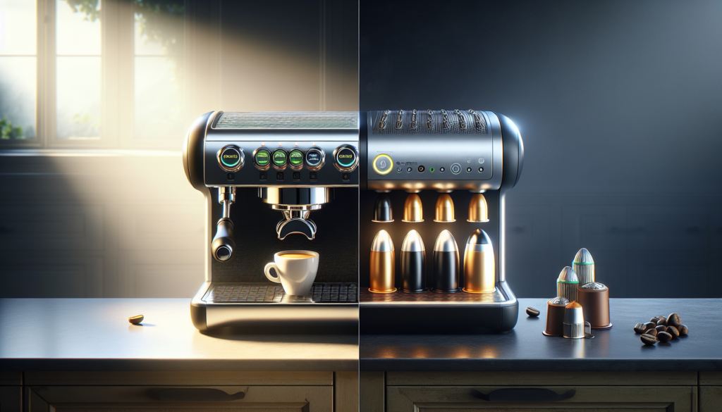 comparação cafeteira espresso manual e cafeteira de cápsula em bancada de cozinha