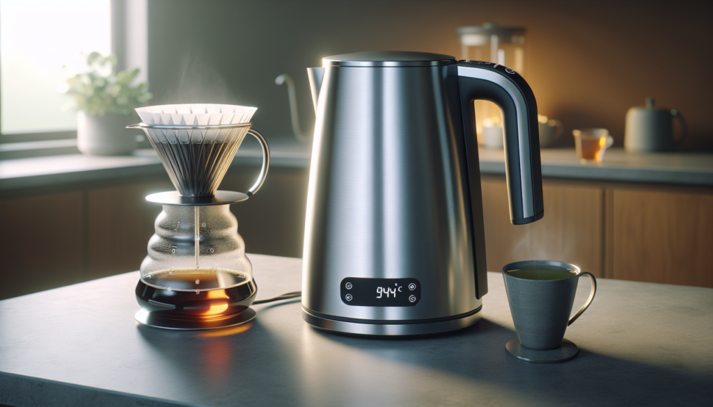 Chaleira elétrica com controle de temperatura digital ao lado de um dripper V60 e xícara de chá