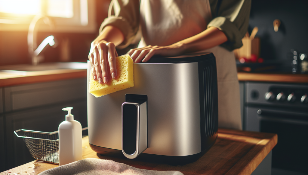mão limpando cesto de air fryer com esponja macia em bancada de cozinha