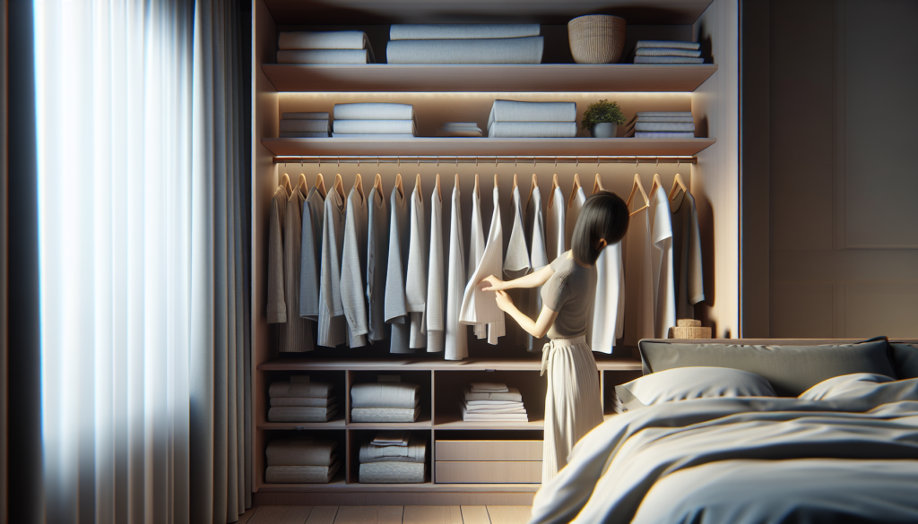 Guarda-roupa pequeno organizado com dobra vertical e categorias separadas por prateleiras