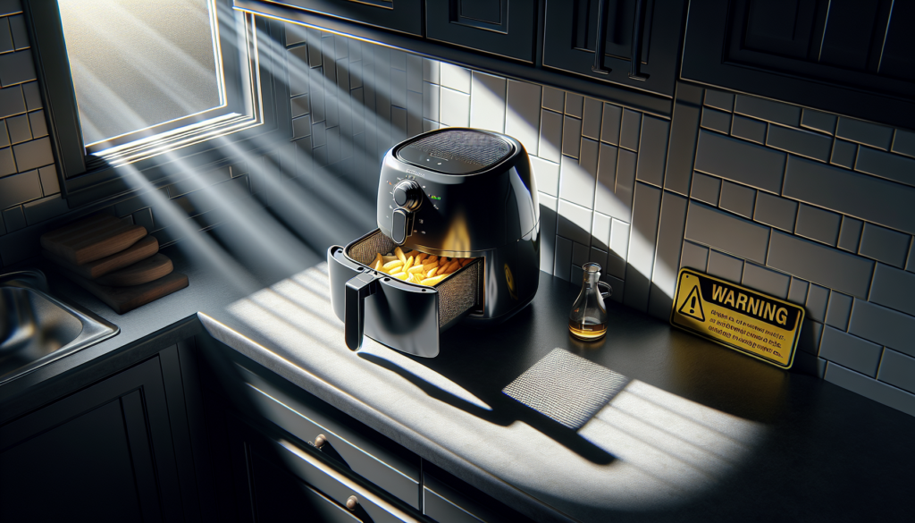 cesto de air fryer com sinal de aviso em bancada de cozinha