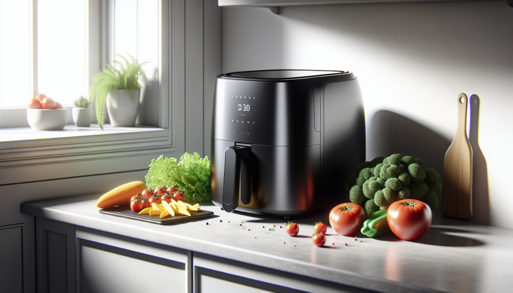 air fryer preta moderna em bancada de cozinha com vegetais frescos ao lado