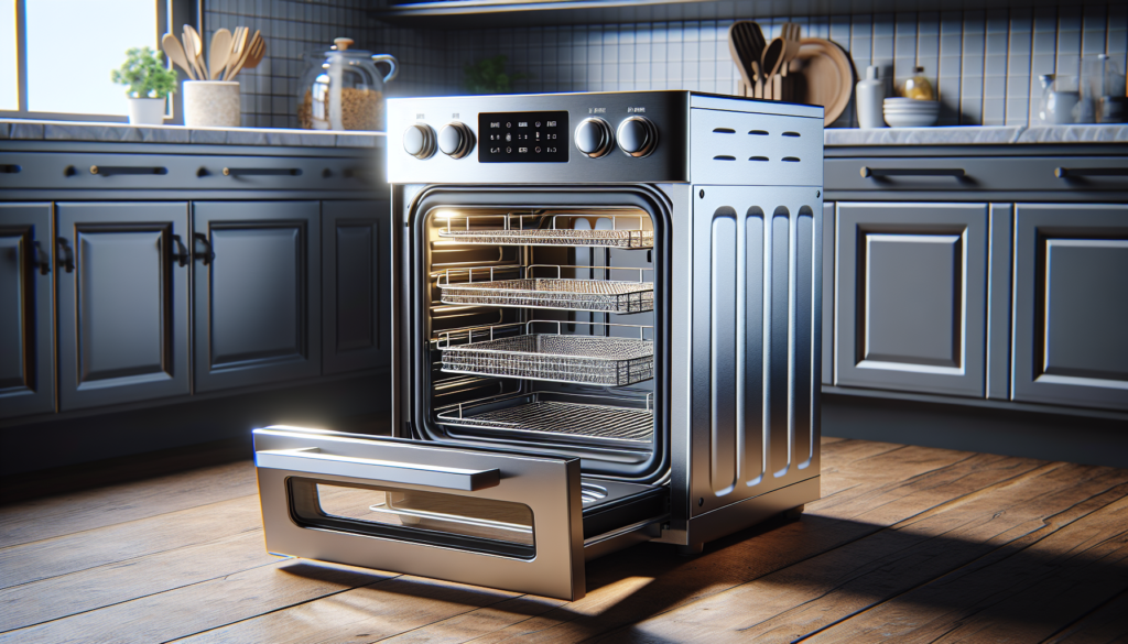 air fryer oven inox com porta aberta mostrando múltiplas grelhas internas em cozinha moderna