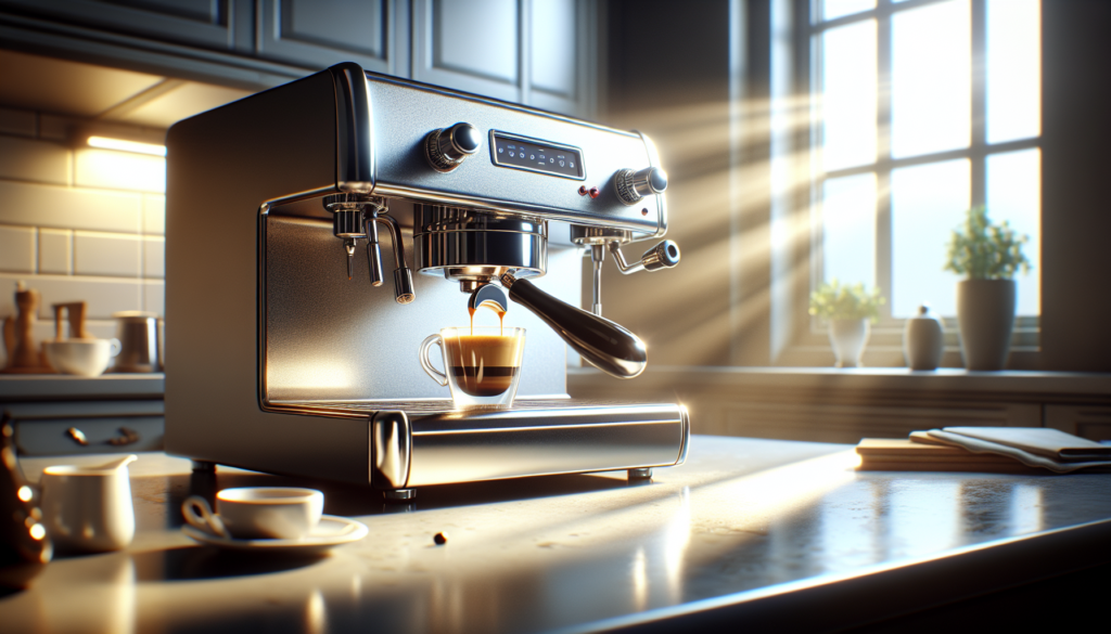 cafeteira espresso extraindo dose com crema em bancada de cozinha com luz natural da manhã
