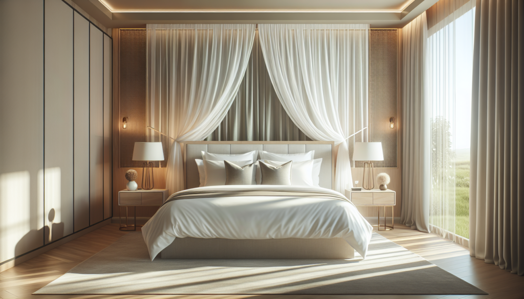 Quarto com cama arrumada e jogo de cama 300 fios branco ao estilo hotel