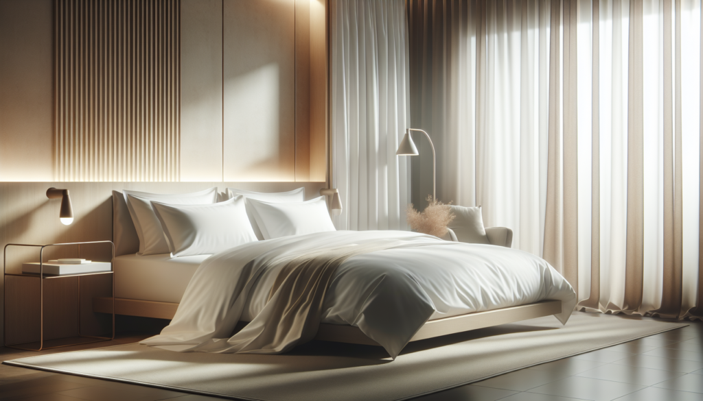 Cama arrumada com jogo de cama 300 fios branco estilo hotel com travesseiros empilhados