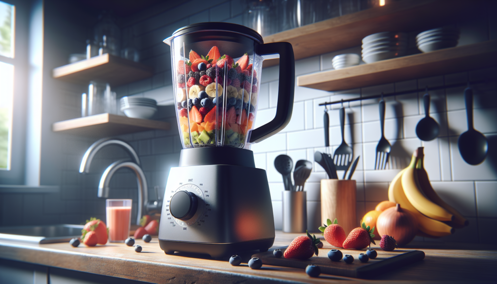 liquidificador potente batendo smoothie colorido com frutas em bancada de cozinha