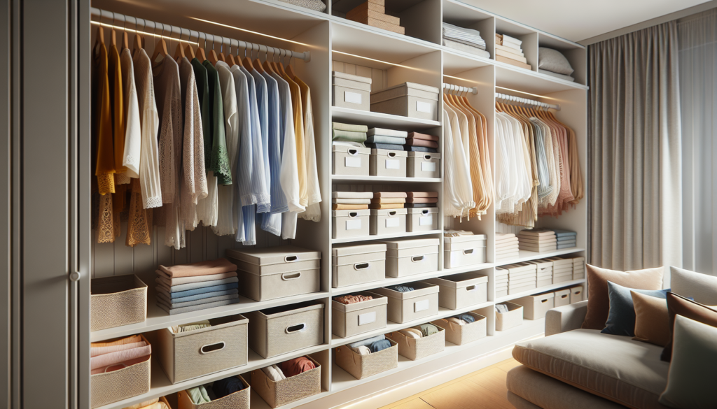 Interior de guarda-roupa organizado com caixas, cabides de veludo e divisores de gaveta