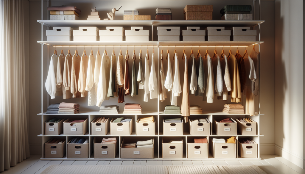 Interior de guarda-roupa organizado com caixas empilhadas, cabides de veludo e roupas dobradas por categoria