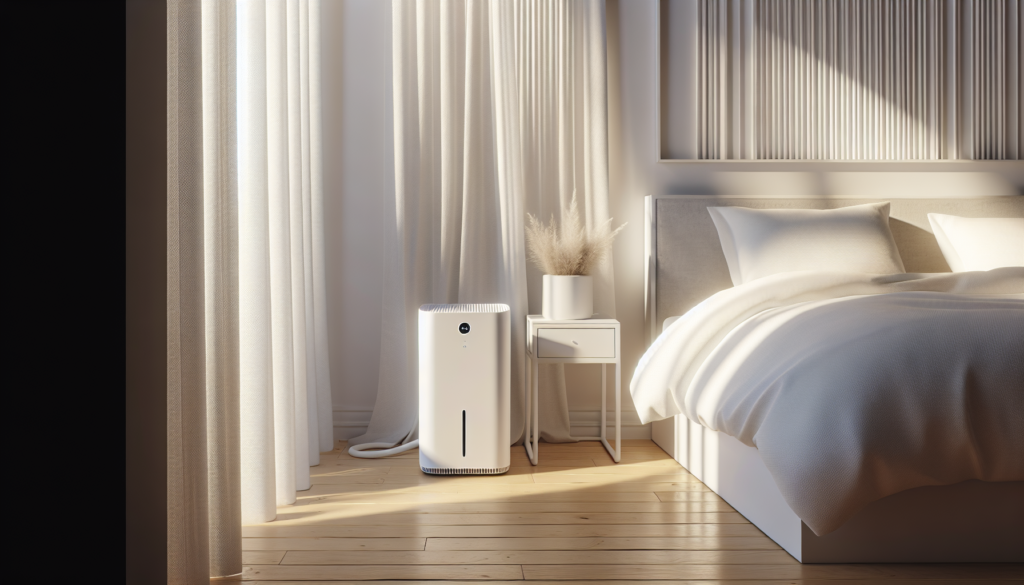 Purificador de ar branco em quarto moderno e limpo ao lado da cama