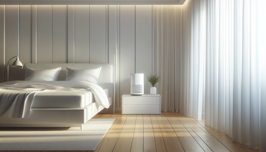 Purificador de ar branco compacto com filtro HEPA sobre criado-mudo em quarto claro e organizado