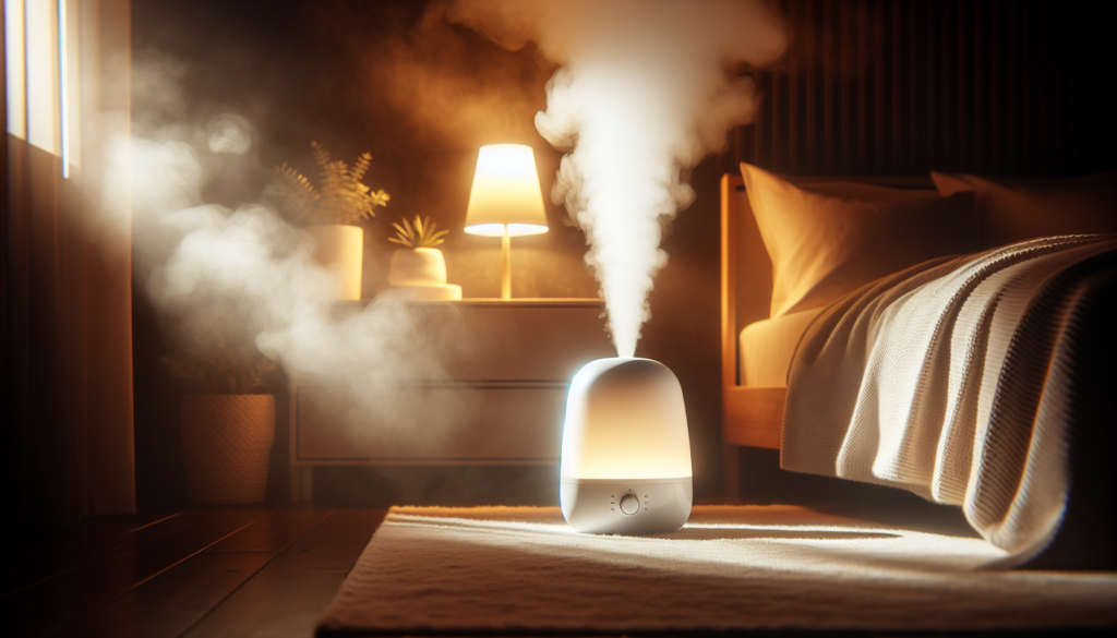 umidificador ultrassônico branco liberando névoa em quarto aconchegante com luz suave