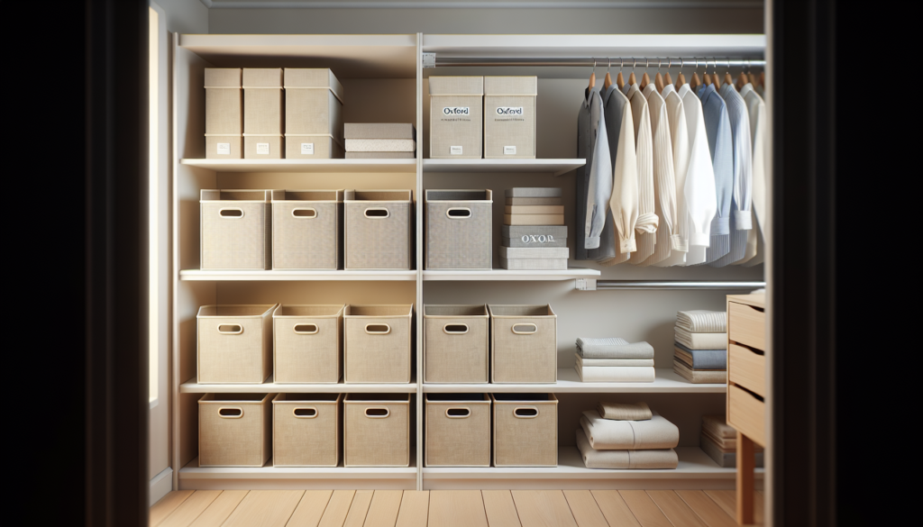 Prateleira de closet organizada com caixas organizadoras de tecido Oxford em cores neutras