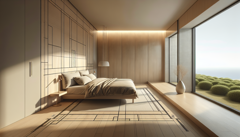 Planta baixa de quarto de casal com cama queen e circulação mínima de 60 cm marcada nas laterais