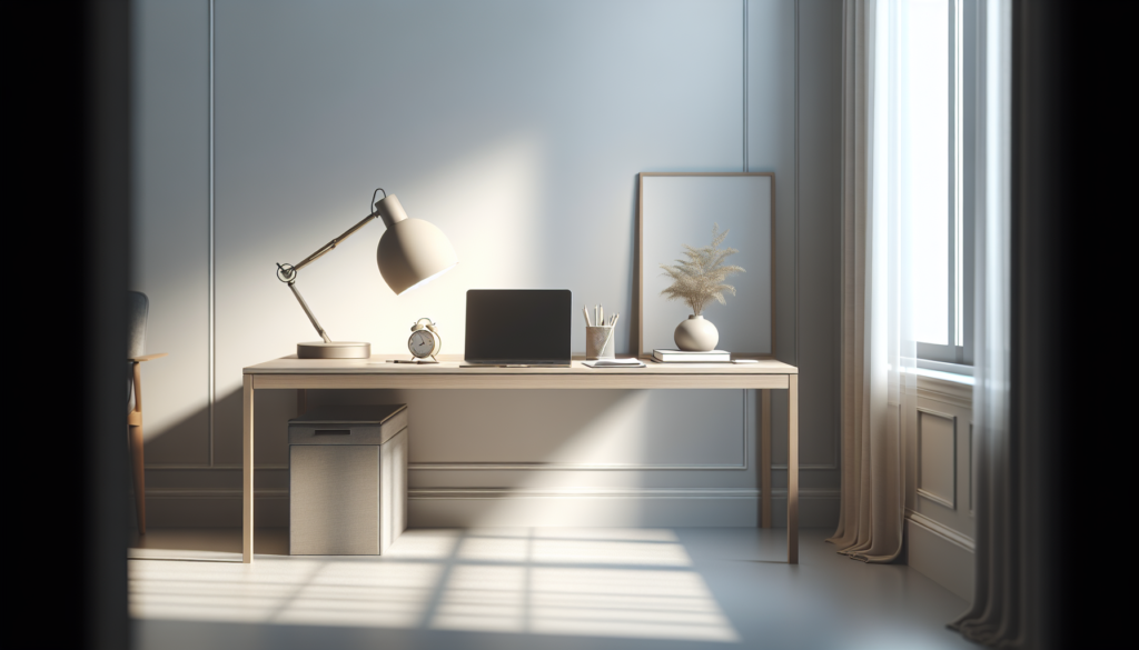 Home office com luminária de mesa lateral e luz natural pela janela para ergonomia visual