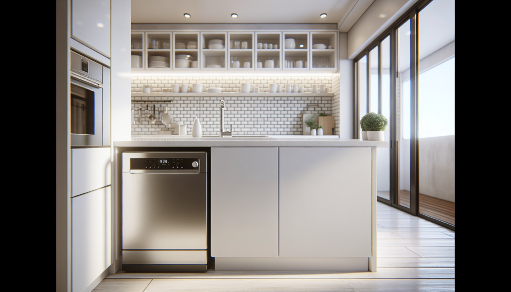Lava-louças compacta branca instalada sobre bancada de cozinha de apartamento moderno