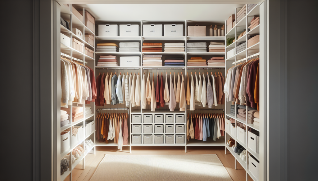 Guarda-roupa organizado com caixas organizadoras, divisores de gaveta e cabides de veludo