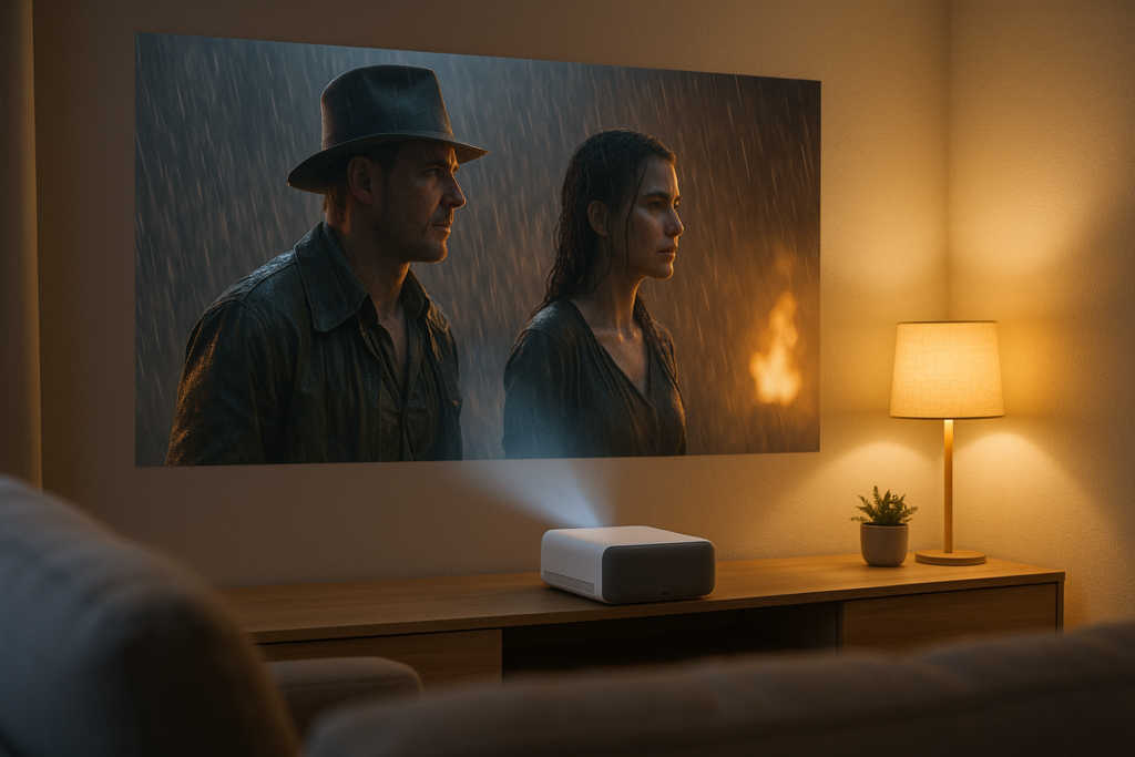Xiaomi Mi Smart Projector 2 projetando filme em sala de apartamento — comparativo Lar Contemporâneo