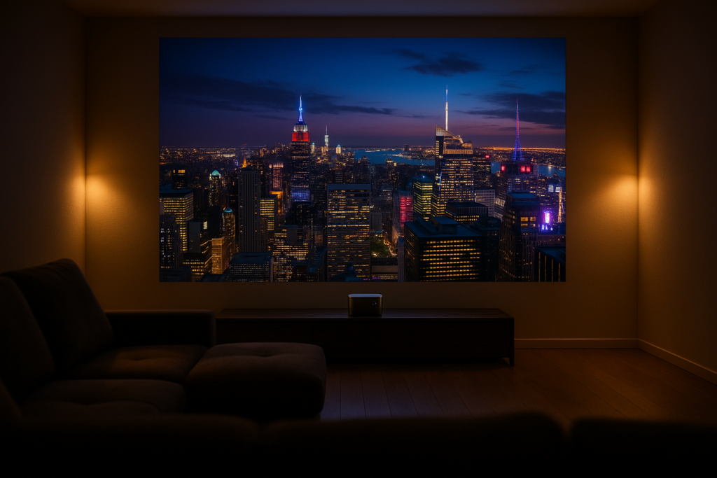 XGIMI Horizon Pro 4K projetando cena 4K HDR em sala dedicada — review premium Lar Contemporâneo