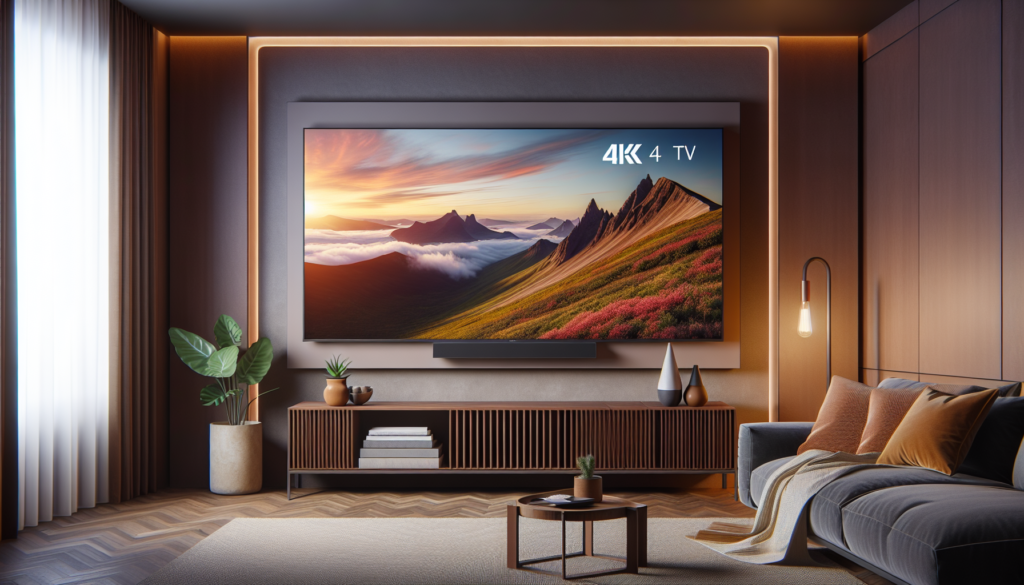 Smart TV 55 polegadas 4K instalada na parede de sala de estar moderna com decoração contemporânea