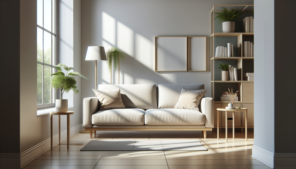 Sofá de 3 lugares compacto em bege com pés de madeira em sala de apartamento pequena decorada