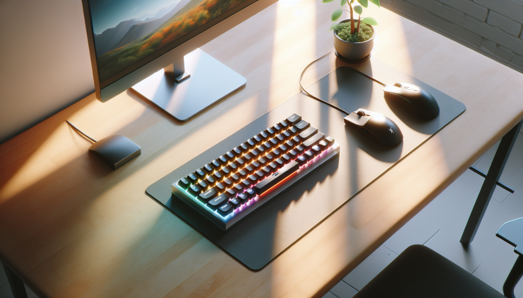 Teclado mecânico compacto com RGB em home office organizado sobre mesa de madeira clara