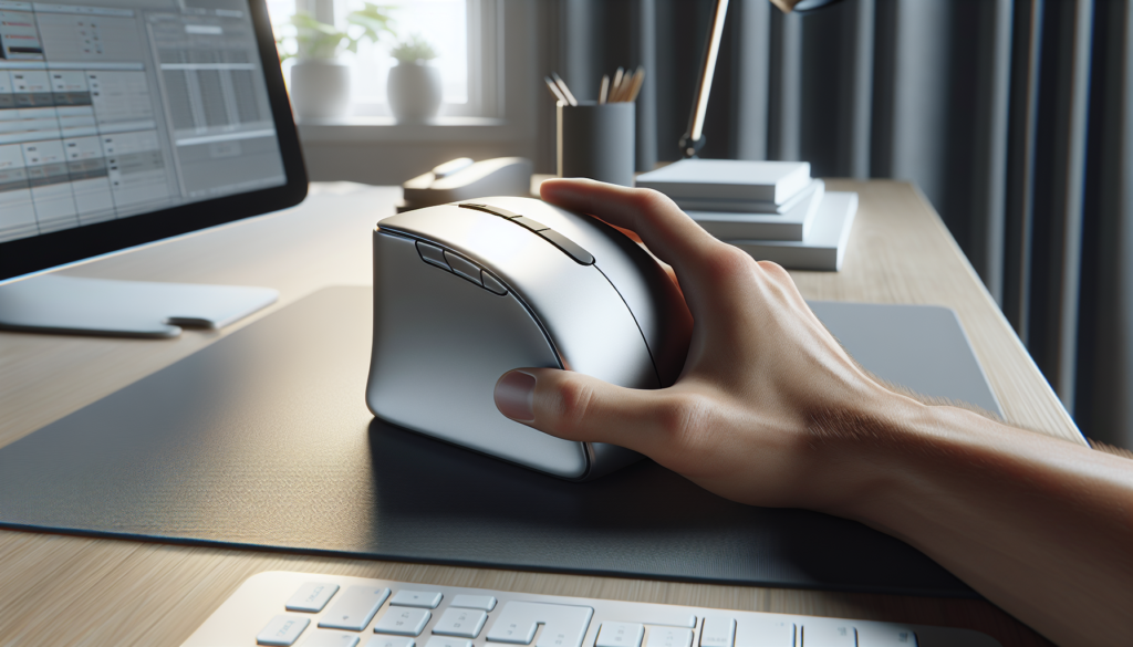 Mouse ergonômico vertical Logitech sendo usado em home office com mesa organizada e monitor