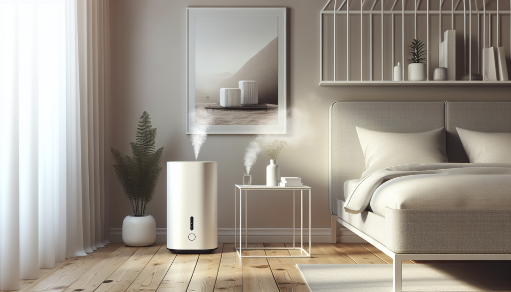 Purificador de ar e umidificador lado a lado sobre mesa de quarto com iluminação natural