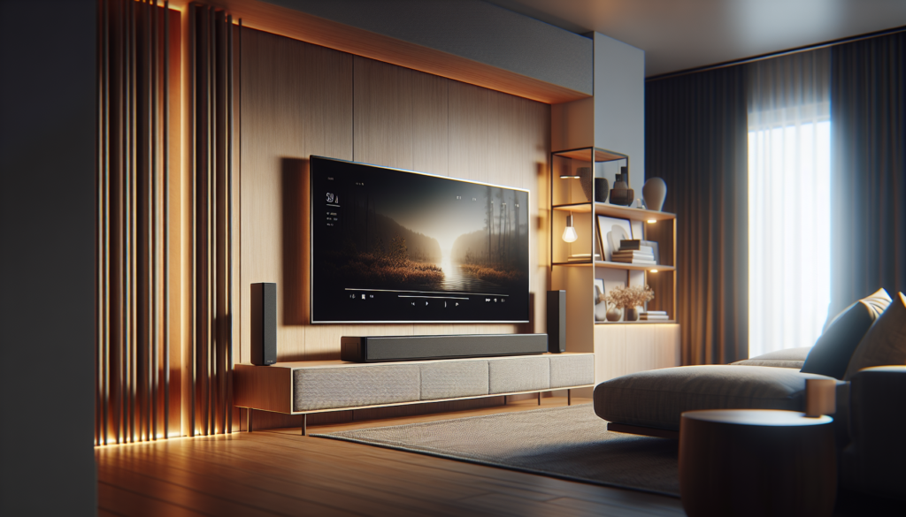 Soundbar compacta posicionada abaixo de smart TV em sala de estar moderna decorada