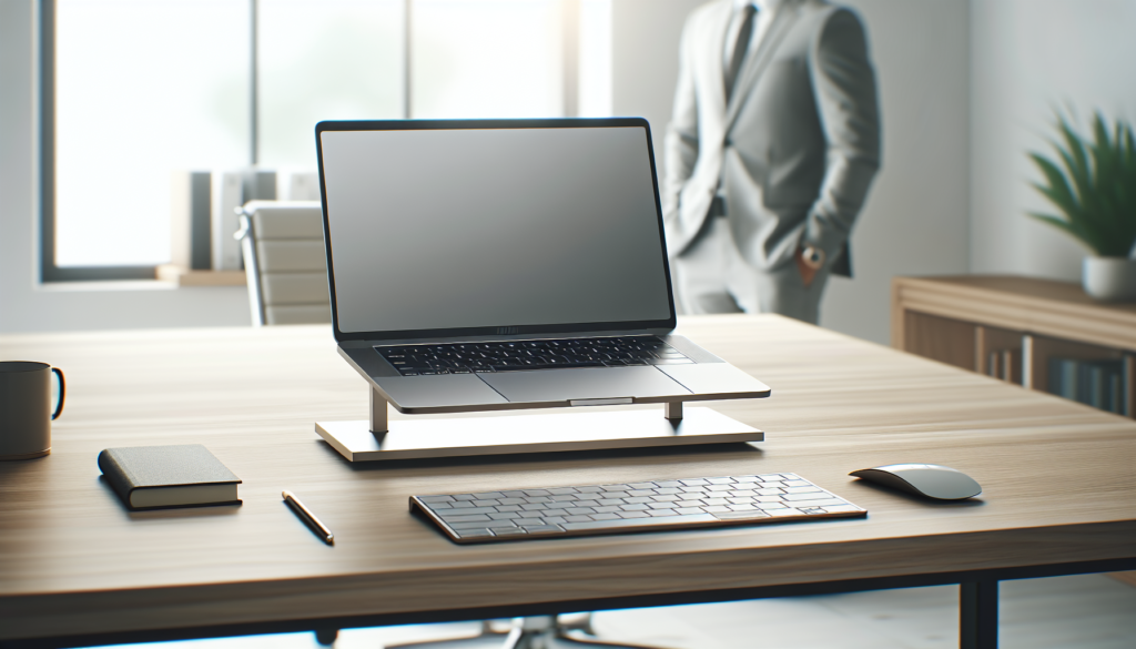 Mesa de home office com suporte para notebook em alumínio, teclado e mouse externos