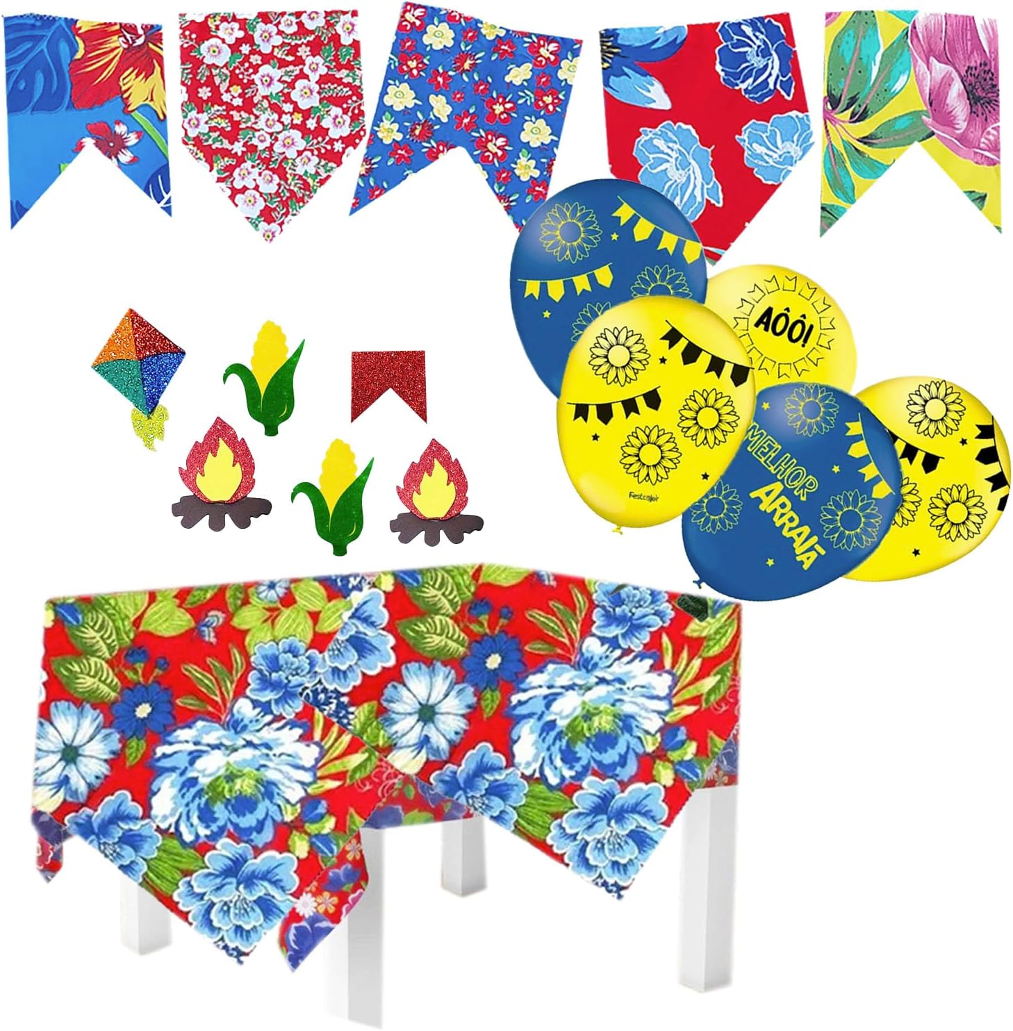 Kit 3 Toalhas Mesa Chita Floral 70x70 + Bandeirolas