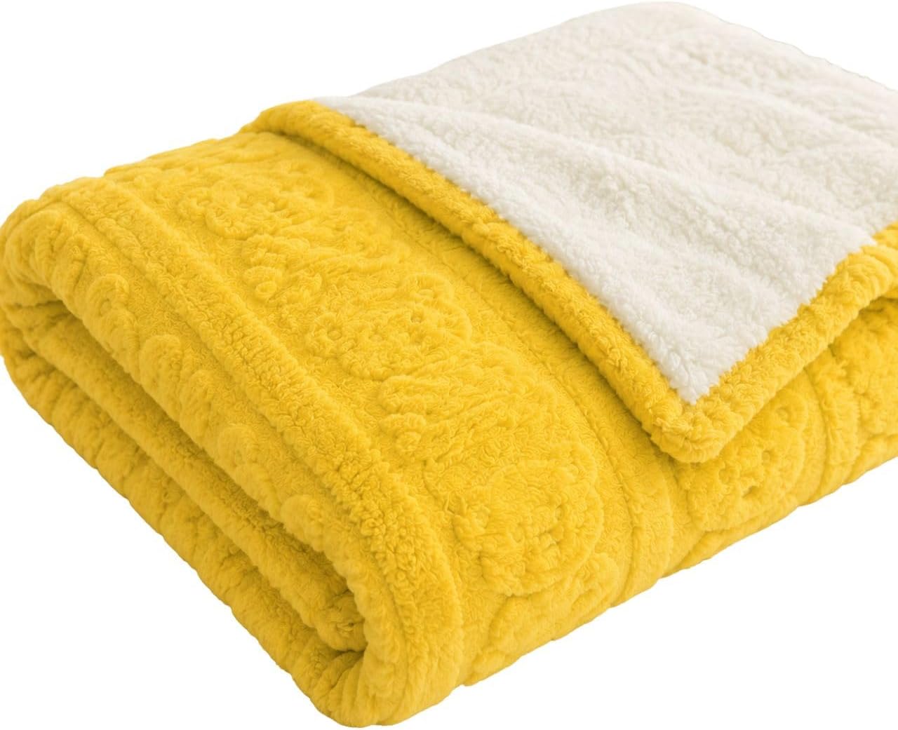 Cobertor Sherpa Casal Jacquard Dupla Face Amarelo