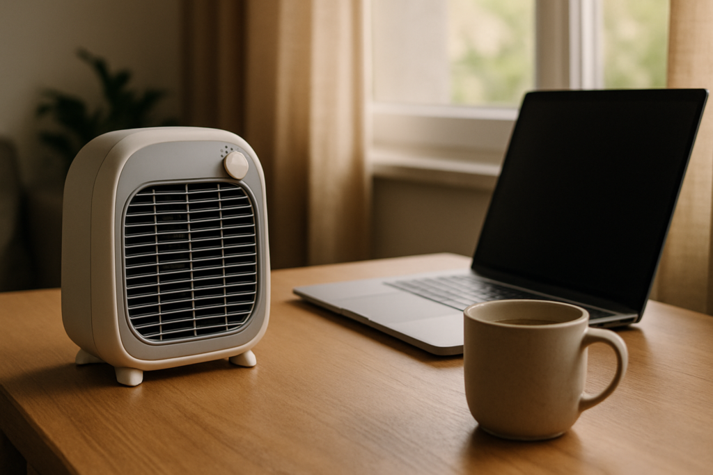Aquecedor pessoal de mesa em escritório de home office no inverno