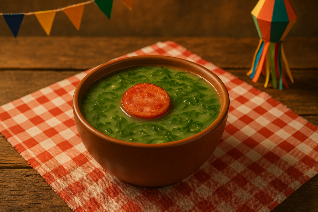 Caldo verde tradicional servido em mesa de festa junina