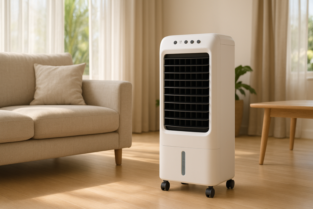 Climatizador portátil em sala de apartamento brasileiro