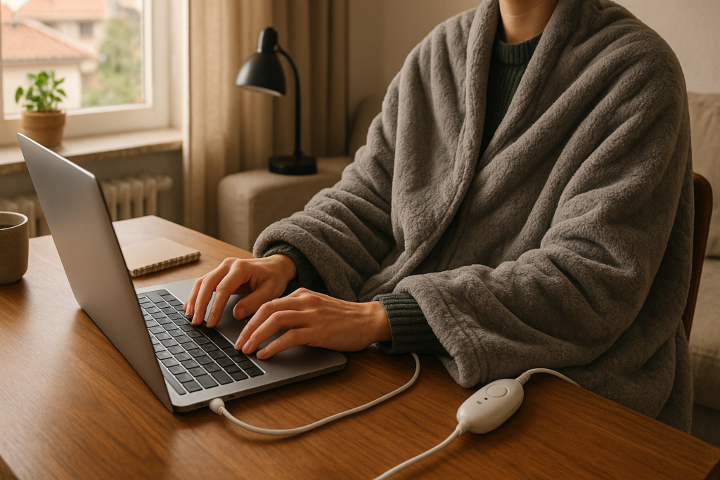 Cobertor inteligente USB em uso em home office no inverno