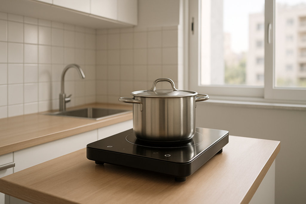 Cooktop indução portátil em bancada de cozinha pequena de apartamento