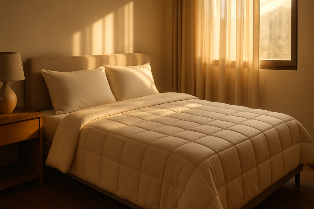 Edredom casal em cama arrumada de quarto brasileiro padrão