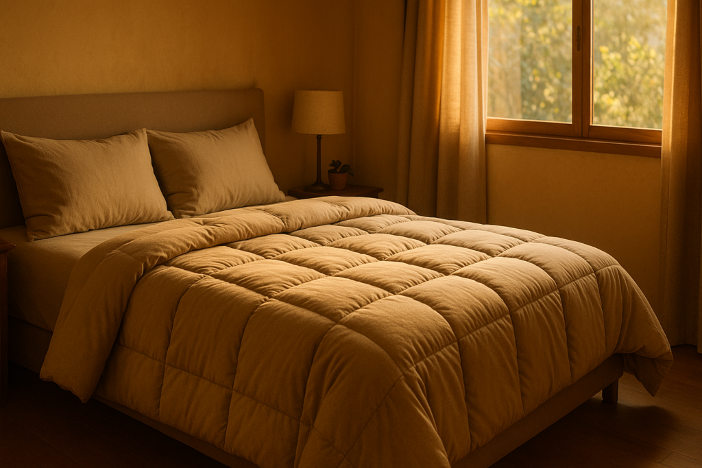 Edredom queen size em cama arrumada de quarto brasileiro no inverno