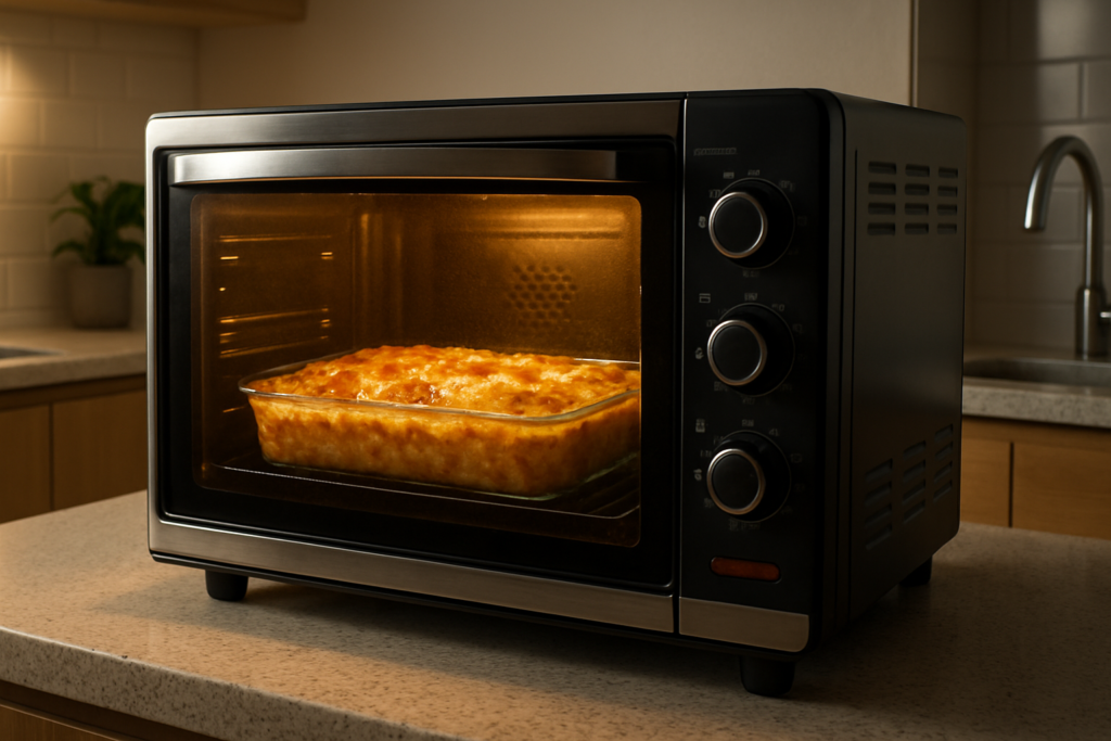 Forno elétrico de bancada assando lasanha em cozinha de apartamento