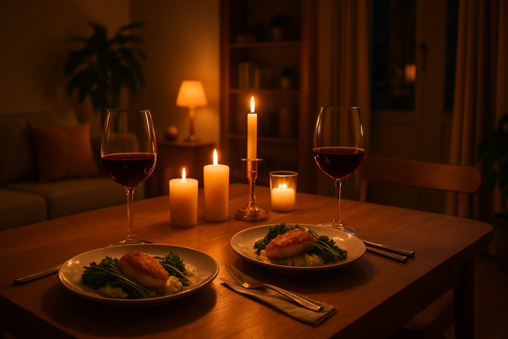 Mesa de jantar romântico em casa com vela, vinho e comida