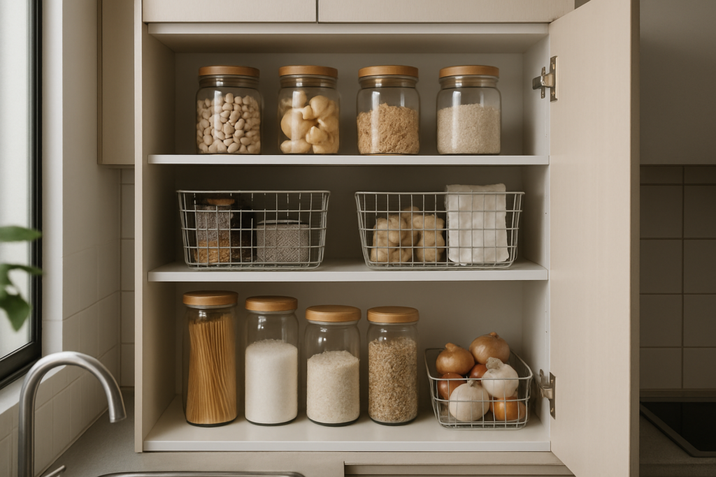 Armario cozinha organizado com cestos
