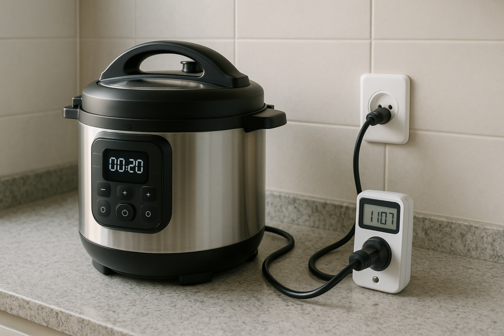 Panela pressão elétrica conectada com medidor de energia visível