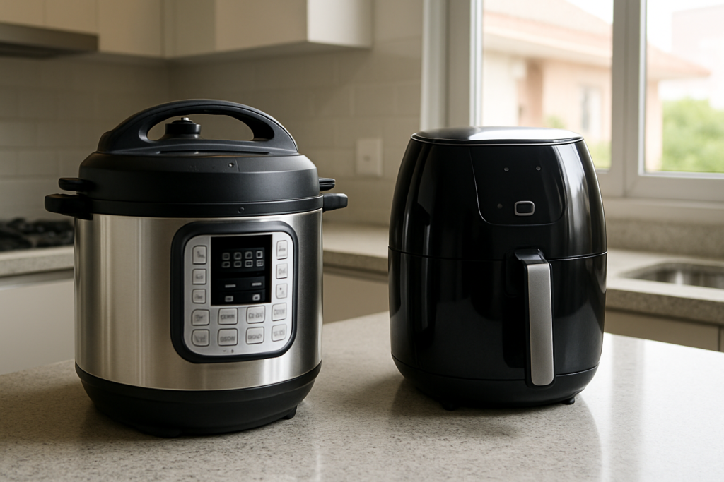 Panela pressão e air fryer lado a lado em bancada de cozinha
