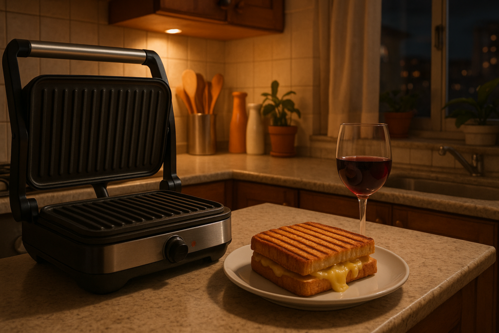 Sanduicheira grill com sanduíche prensado em cozinha romântica