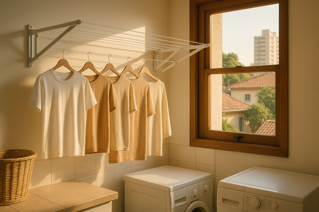 Varal de parede com roupas secando em apartamento brasileiro no inverno